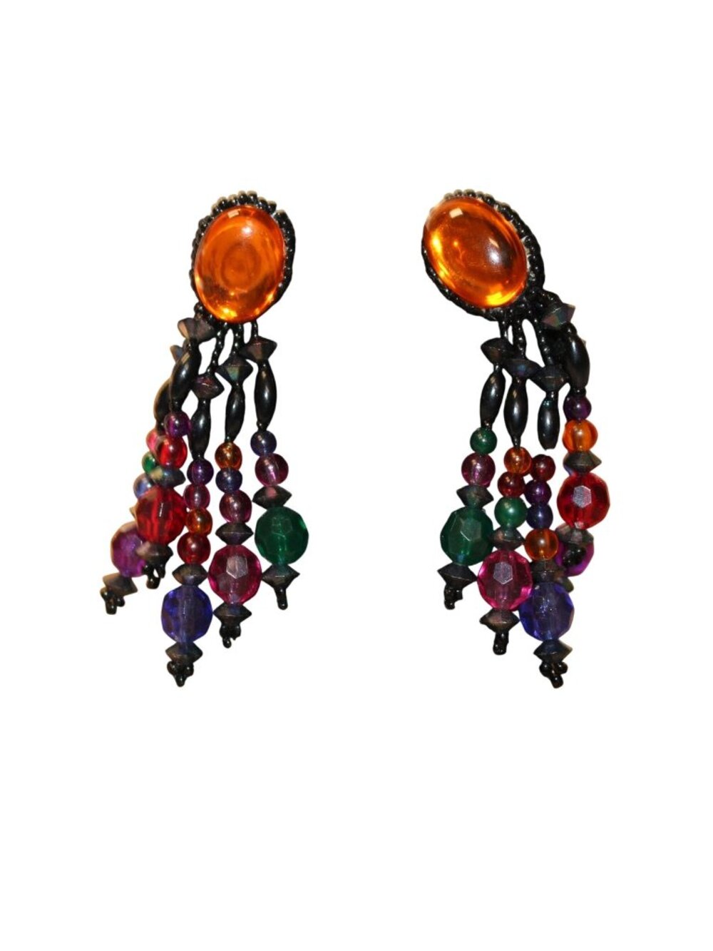 Vtg 80s Multi-Color Waterfall Drop Earrings Orange Cabochon w/Black Metal Accent